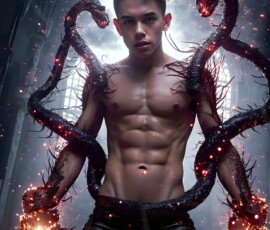 AI-generated wizards of the serpent house — handsome shirtless mages of the wizard academy conjuring demonic snakes in dark cinematic UHD fantasy art.