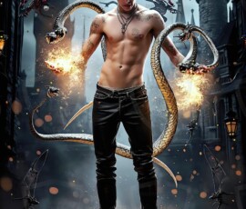 AI-generated wizards of the serpent house — handsome shirtless mages of the wizard academy conjuring demonic snakes in dark cinematic UHD fantasy art.