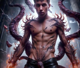 AI-generated wizards of the serpent house — handsome shirtless mages of the wizard academy conjuring demonic snakes in dark cinematic UHD fantasy art.