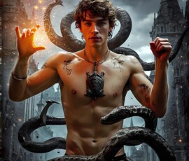 AI-generated wizards of the serpent house — handsome shirtless mages of the wizard academy conjuring demonic snakes in dark cinematic UHD fantasy art.