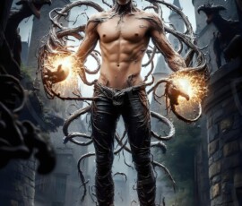 AI-generated wizards of the serpent house — handsome shirtless mages of the wizard academy conjuring demonic snakes in dark cinematic UHD fantasy art.
