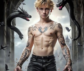 AI-generated wizards of the serpent house — handsome shirtless mages of the wizard academy conjuring demonic snakes in dark cinematic UHD fantasy art.