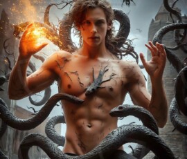 AI-generated wizards of the serpent house — handsome shirtless mages of the wizard academy conjuring demonic snakes in dark cinematic UHD fantasy art.
