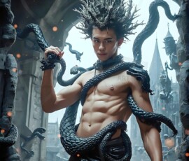 AI-generated wizards of the serpent house — handsome shirtless mages of the wizard academy conjuring demonic snakes in dark cinematic UHD fantasy art.