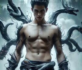 AI-generated wizards of the serpent house — handsome shirtless mages of the wizard academy conjuring demonic snakes in dark cinematic UHD fantasy art.
