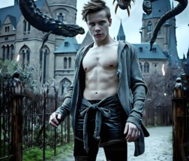 AI-generated wizards of the serpent house — handsome shirtless mages of the wizard academy conjuring demonic snakes in dark cinematic UHD fantasy art.