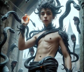 AI-generated wizards of the serpent house — handsome shirtless mages of the wizard academy conjuring demonic snakes in dark cinematic UHD fantasy art.