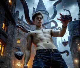 AI-generated wizards of the serpent house — handsome shirtless mages of the wizard academy conjuring demonic snakes in dark cinematic UHD fantasy art.