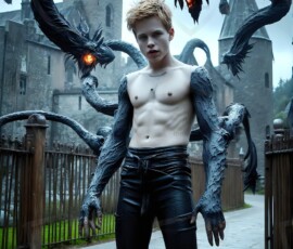 AI-generated wizards of the serpent house — handsome shirtless mages of the wizard academy conjuring demonic snakes in dark cinematic UHD fantasy art.