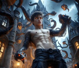 AI-generated wizards of the serpent house — handsome shirtless mages of the wizard academy conjuring demonic snakes in dark cinematic UHD fantasy art.