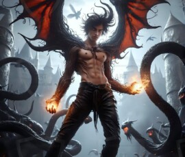 AI-generated wizards of the serpent house — handsome shirtless mages of the wizard academy conjuring demonic snakes in dark cinematic UHD fantasy art.
