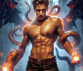 AI-generated wizards of the serpent house — handsome shirtless mages of the wizard academy conjuring demonic snakes in dark cinematic UHD fantasy art.