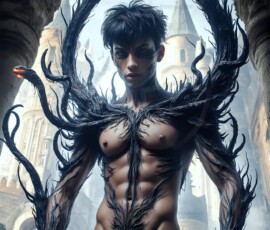 AI-generated wizards of the serpent house — handsome shirtless mages of the wizard academy conjuring demonic snakes in dark cinematic UHD fantasy art.