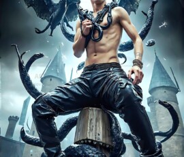 AI-generated wizards of the serpent house — handsome shirtless mages of the wizard academy conjuring demonic snakes in dark cinematic UHD fantasy art.