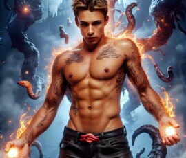 AI-generated wizards of the serpent house — handsome shirtless mages of the wizard academy conjuring demonic snakes in dark cinematic UHD fantasy art.
