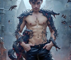 AI-generated wizards of the serpent house — handsome shirtless mages of the wizard academy conjuring demonic snakes in dark cinematic UHD fantasy art.