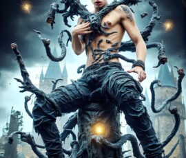 AI-generated wizards of the serpent house — handsome shirtless mages of the wizard academy conjuring demonic snakes in dark cinematic UHD fantasy art.
