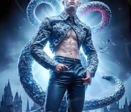 AI-generated wizards of the serpent house — handsome shirtless mages of the wizard academy conjuring demonic snakes in dark cinematic UHD fantasy art.