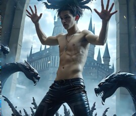 AI-generated wizards of the serpent house — handsome shirtless mages of the wizard academy conjuring demonic snakes in dark cinematic UHD fantasy art.