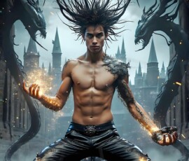 AI-generated wizards of the serpent house — handsome shirtless mages of the wizard academy conjuring demonic snakes in dark cinematic UHD fantasy art.