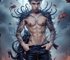 AI-generated wizards of the serpent house — handsome shirtless mages of the wizard academy conjuring demonic snakes in dark cinematic UHD fantasy art.