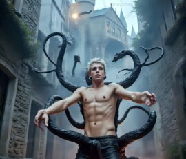 AI-generated wizards of the serpent house — handsome shirtless mages of the wizard academy conjuring demonic snakes in dark cinematic UHD fantasy art.