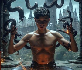 AI-generated wizards of the serpent house — handsome shirtless mages of the wizard academy conjuring demonic snakes in dark cinematic UHD fantasy art.