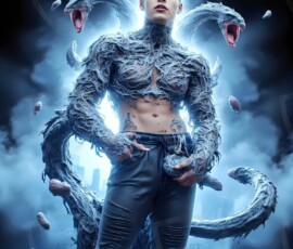 AI-generated wizards of the serpent house — handsome shirtless mages of the wizard academy conjuring demonic snakes in dark cinematic UHD fantasy art.