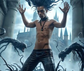 AI-generated wizards of the serpent house — handsome shirtless mages of the wizard academy conjuring demonic snakes in dark cinematic UHD fantasy art.