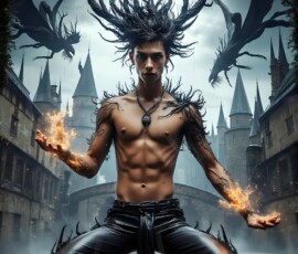 AI-generated wizards of the serpent house — handsome shirtless mages of the wizard academy conjuring demonic snakes in dark cinematic UHD fantasy art.