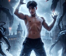 AI-generated wizards of the serpent house — handsome shirtless mages of the wizard academy conjuring demonic snakes in dark cinematic UHD fantasy art.