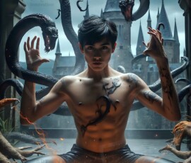 AI-generated wizards of the serpent house — handsome shirtless mages of the wizard academy conjuring demonic snakes in dark cinematic UHD fantasy art.