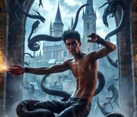 AI-generated wizards of the serpent house — handsome shirtless mages of the wizard academy conjuring demonic snakes in dark cinematic UHD fantasy art.