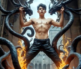 AI-generated wizards of the serpent house — handsome shirtless mages of the wizard academy conjuring demonic snakes in dark cinematic UHD fantasy art.