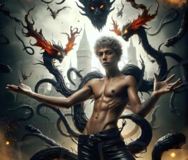 AI-generated wizards of the serpent house — handsome shirtless mages of the wizard academy conjuring demonic snakes in dark cinematic UHD fantasy art.