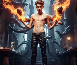 AI-generated wizards of the serpent house — handsome shirtless mages of the wizard academy conjuring demonic snakes in dark cinematic UHD fantasy art.