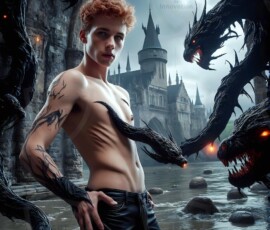 AI-generated wizards of the serpent house — handsome shirtless mages of the wizard academy conjuring demonic snakes in dark cinematic UHD fantasy art.