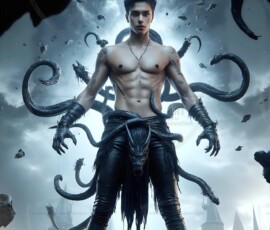 AI-generated wizards of the serpent house — handsome shirtless mages of the wizard academy conjuring demonic snakes in dark cinematic UHD fantasy art.
