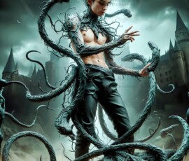 AI-generated wizards of the serpent house — handsome shirtless mages of the wizard academy conjuring demonic snakes in dark cinematic UHD fantasy art.