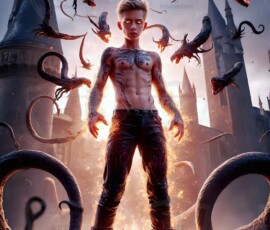 AI-generated wizards of the serpent house — handsome shirtless mages of the wizard academy conjuring demonic snakes in dark cinematic UHD fantasy art.