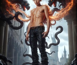AI-generated wizards of the serpent house — handsome shirtless mages of the wizard academy conjuring demonic snakes in dark cinematic UHD fantasy art.