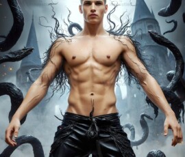 AI-generated wizards of the serpent house — handsome shirtless mages of the wizard academy conjuring demonic snakes in dark cinematic UHD fantasy art.