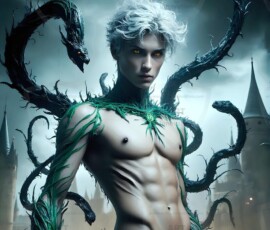 AI-generated wizards of the serpent house — handsome shirtless mages of the wizard academy conjuring demonic snakes in dark cinematic UHD fantasy art.