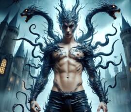 AI-generated wizards of the serpent house — handsome shirtless mages of the wizard academy conjuring demonic snakes in dark cinematic UHD fantasy art.
