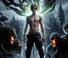 AI-generated wizards of the serpent house — handsome shirtless mages of the wizard academy conjuring demonic snakes in dark cinematic UHD fantasy art.