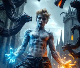 AI-generated wizards of the serpent house — handsome shirtless mages of the wizard academy conjuring demonic snakes in dark cinematic UHD fantasy art.