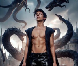AI-generated wizards of the serpent house — handsome shirtless mages of the wizard academy conjuring demonic snakes in dark cinematic UHD fantasy art.