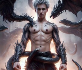 AI-generated wizards of the serpent house — handsome shirtless mages of the wizard academy conjuring demonic snakes in dark cinematic UHD fantasy art.