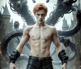 AI-generated wizards of the serpent house — handsome shirtless mages of the wizard academy conjuring demonic snakes in dark cinematic UHD fantasy art.