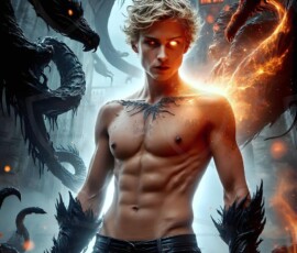AI-generated wizards of the serpent house — handsome shirtless mages of the wizard academy conjuring demonic snakes in dark cinematic UHD fantasy art.